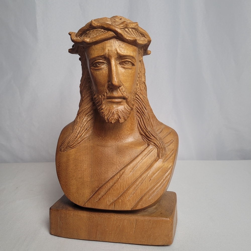 Vintage Hand Carved Wood Jesus Bust Crown Of Thorns